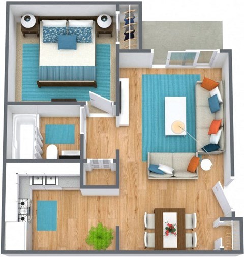 Floor plan for 1 bed, 1 bath, 750 sqft